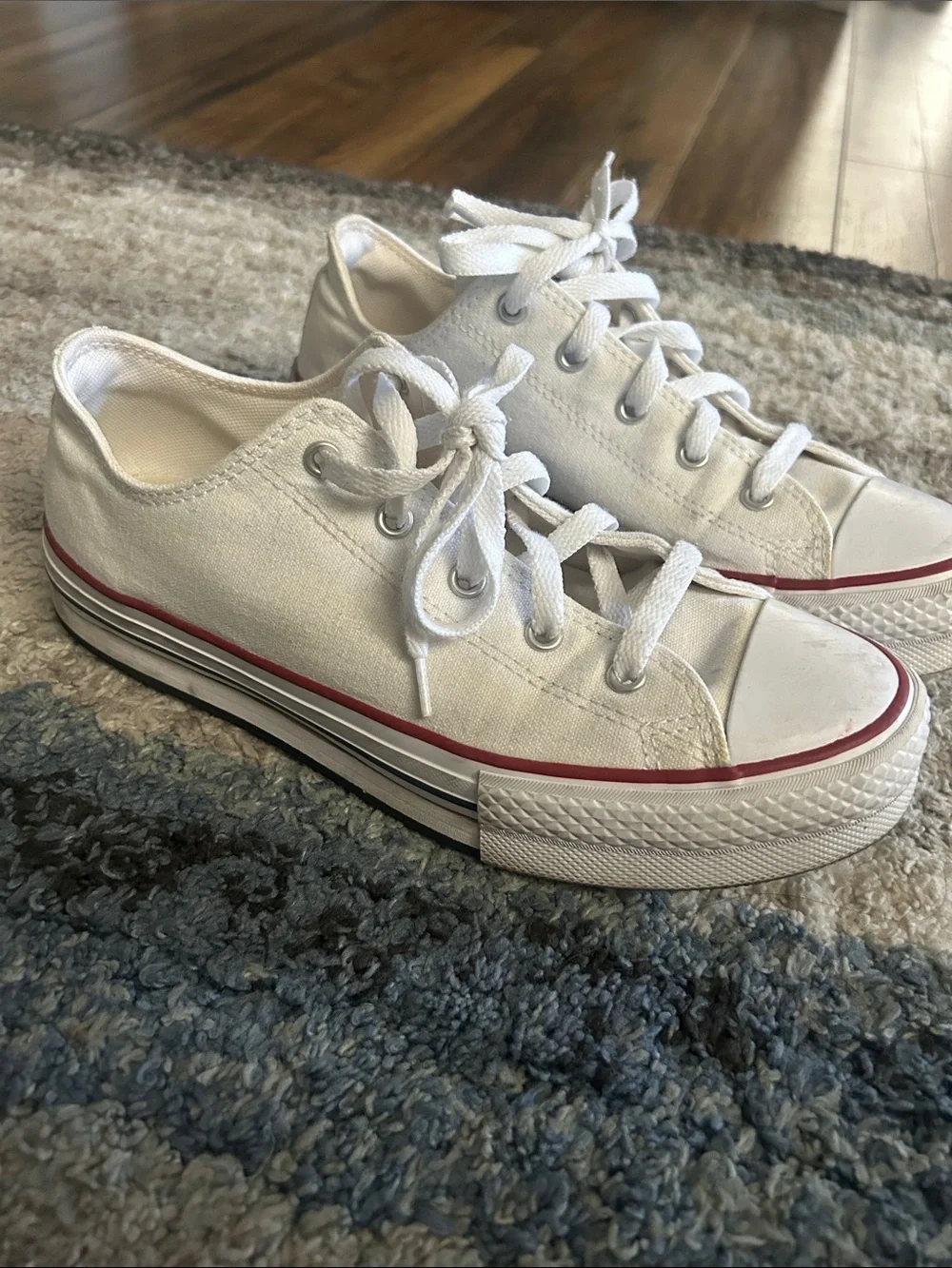 Converse All Star White Canvas Low-Tops with Red and Navy Trim